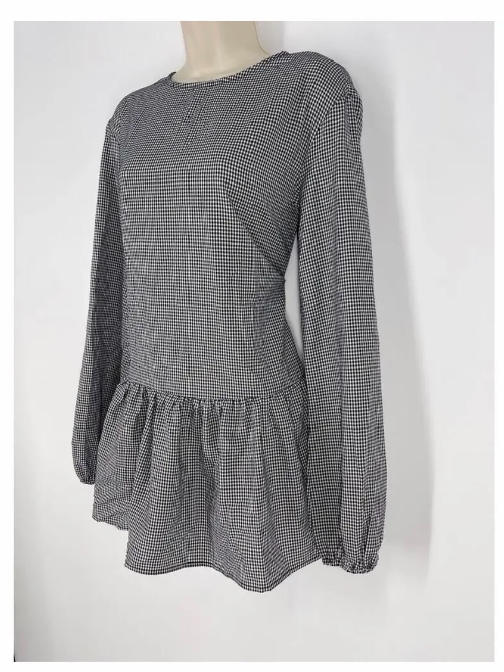 Episode Black & White Gingham Peplum Long-Sleeve Dress